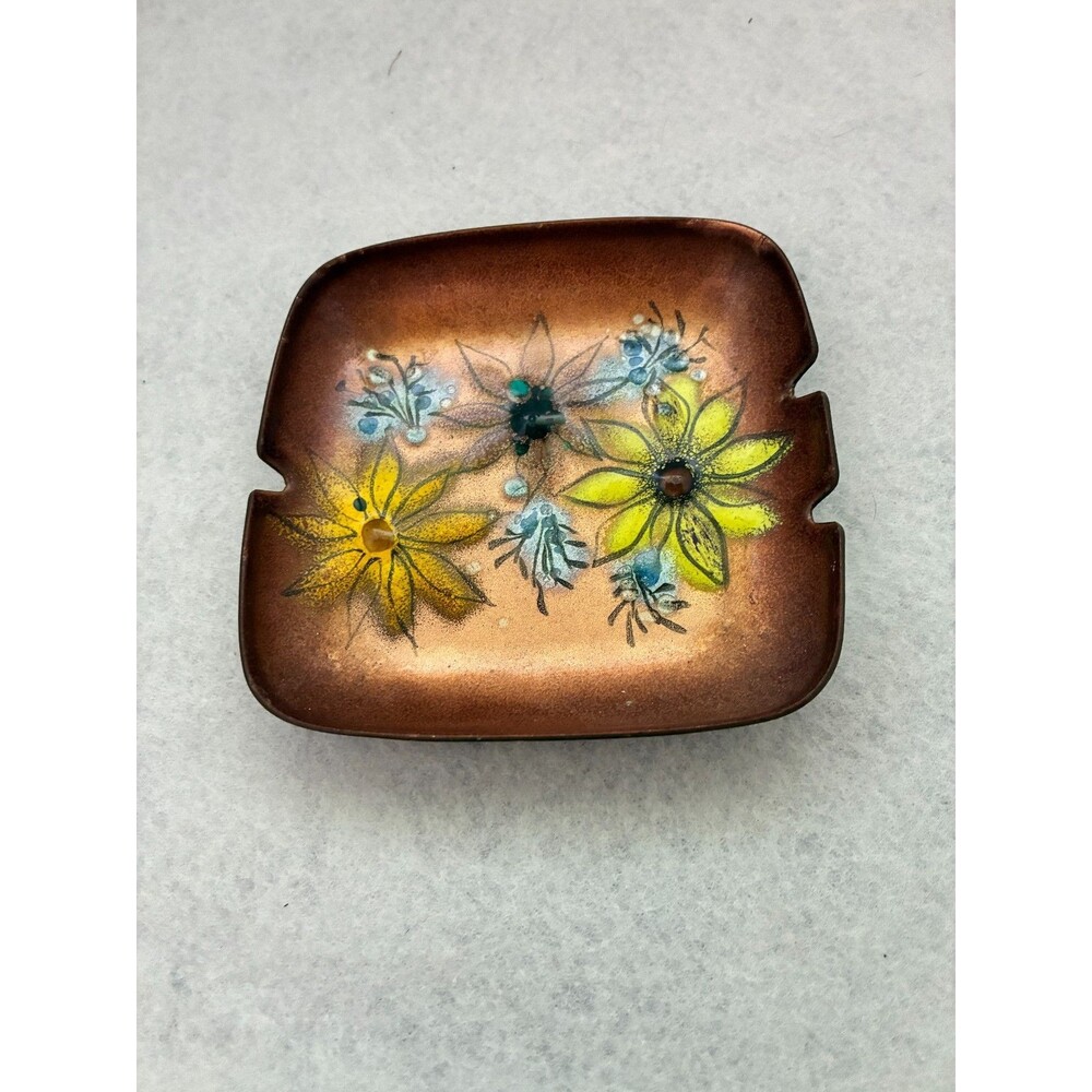 Vtg. MCM Enamel on Copper Trinket Dish Ashtray Floral Daisy Signed Prima 804 SA